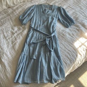 Roller Rabbit Light Blue Wrap Midi Dress with Gold Accents